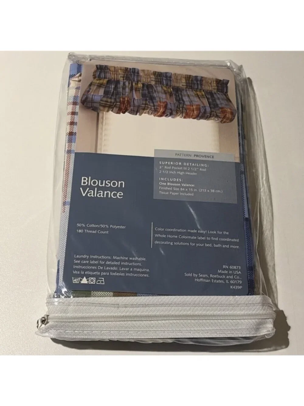 VTG SEARS Whole Home Blouson Valance Periwinkle Blue Plaid Provence 84X15